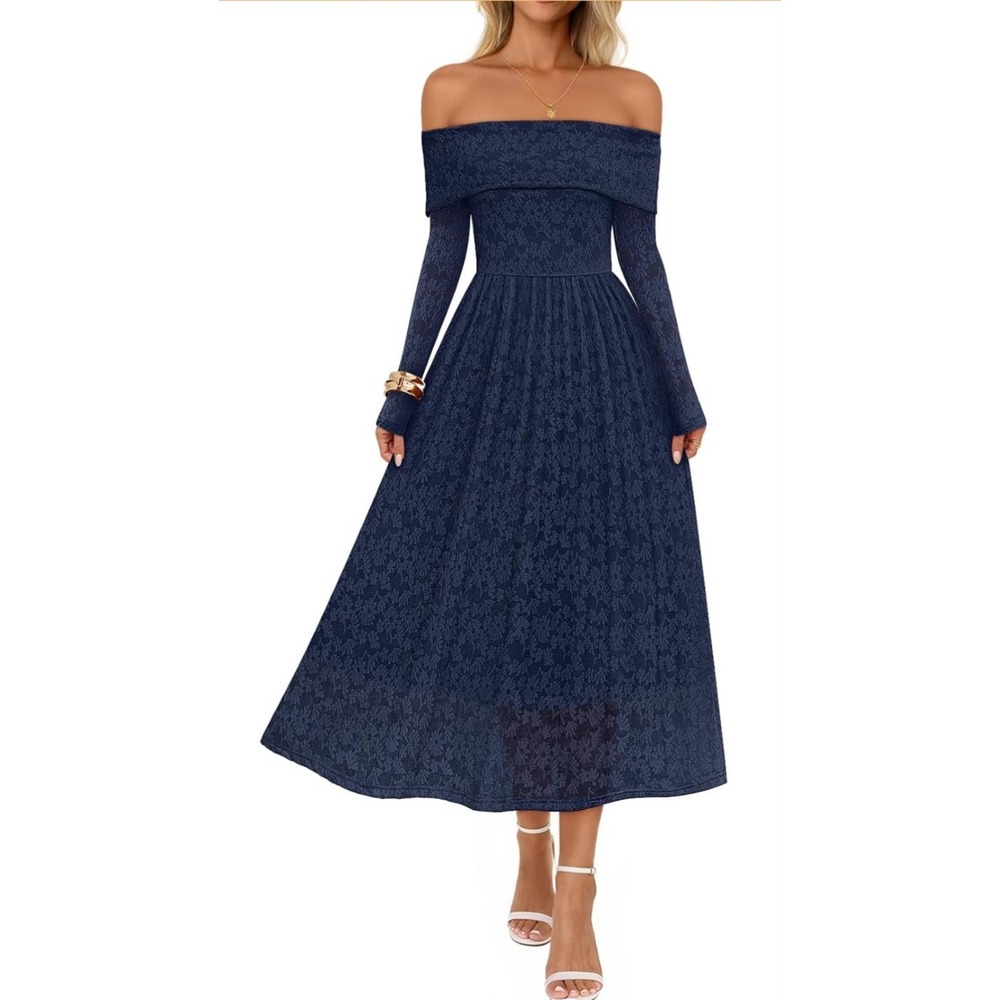 Merokeety Dark Blue Floral Off/On Shoulder LS Fit & Flare Midi/Maxi Dress L